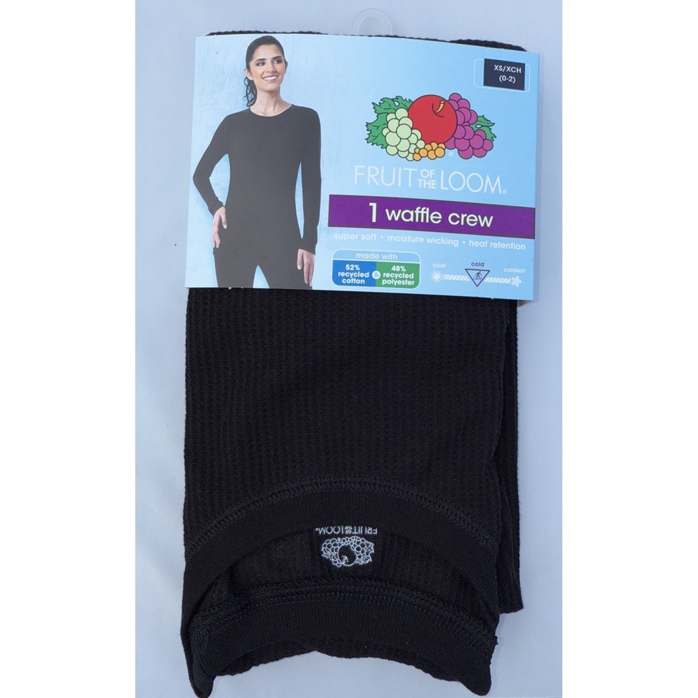 Fruit of the Loom Thermal Waffle Crew Shirt Long Sleeve Black Women's XS 0-2